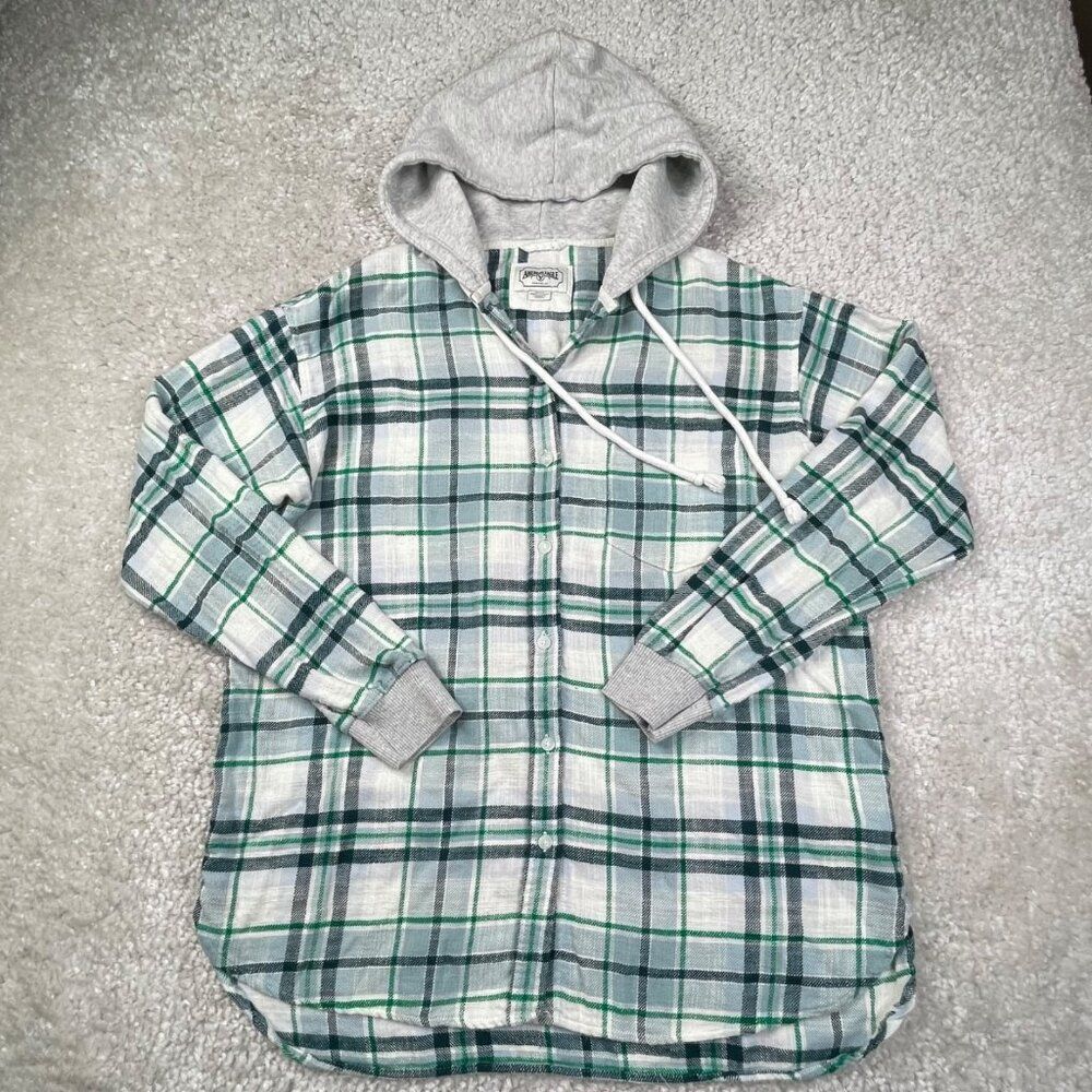 American Eagle Cozy Cabin Hoodie Flannel Shirt Green Plaid Womens Medium - Picture 3 of 8